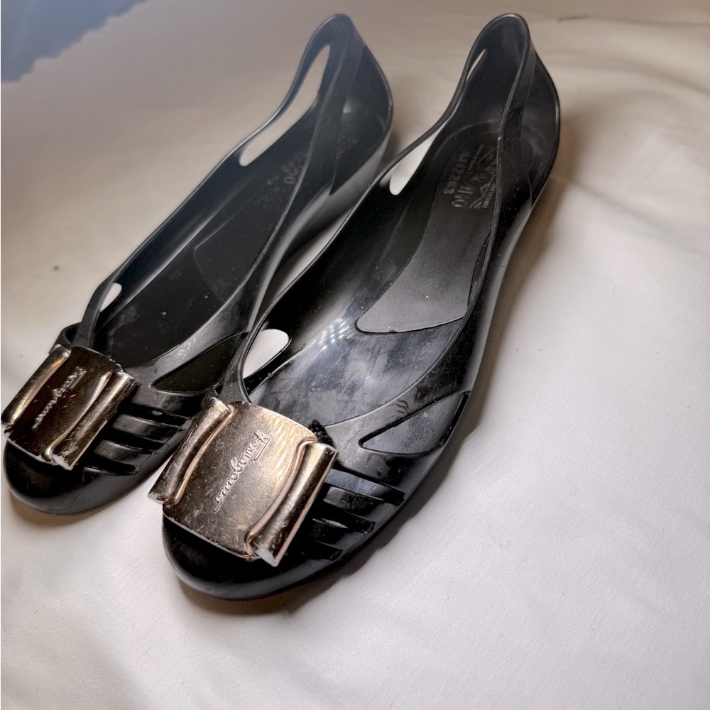 Ferragamo Black Jelly Women's Ballet flats with Gold Accent